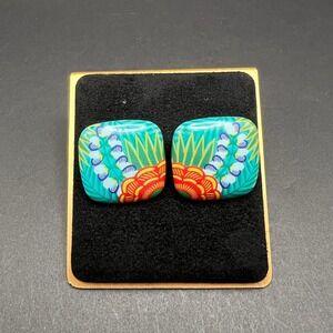 Tropical Stud Earrings Turquoise Resin Floral Square Botanical Beachy